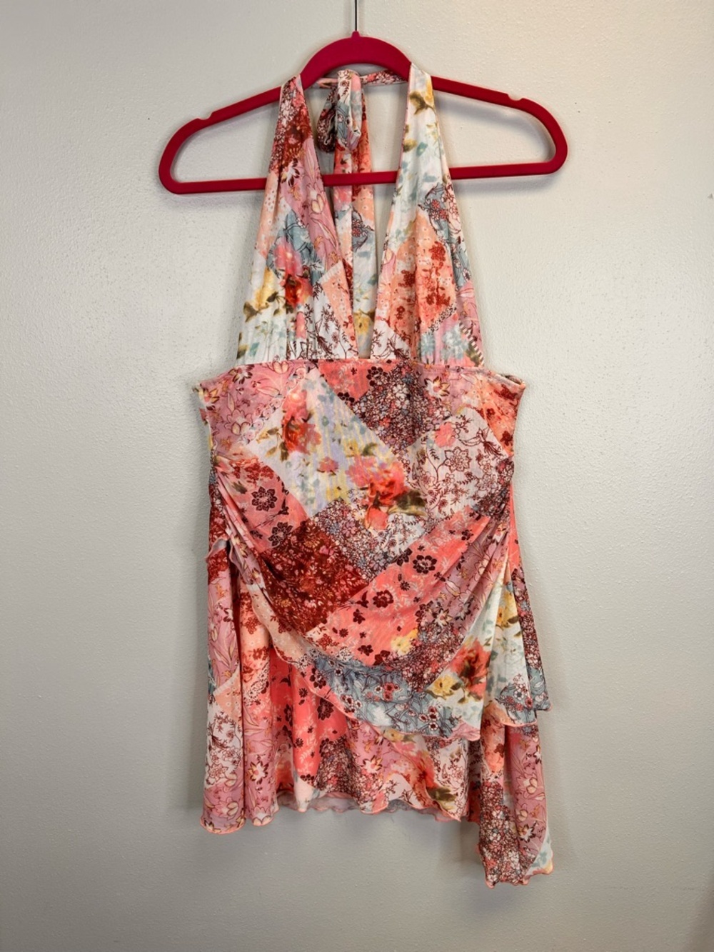 Y2K Floral Patchwork Pink Halter Sundress Backless Party Summer Stretch Coquette - Picture 5 of 14